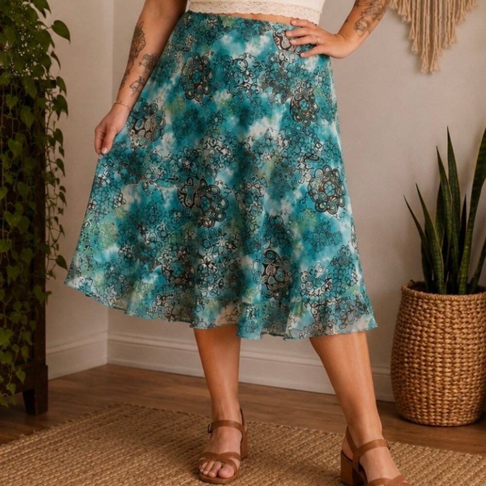 Christopher & Banks Y2K Boho Aqua Floral Sheer Midi Skirt L 12/14